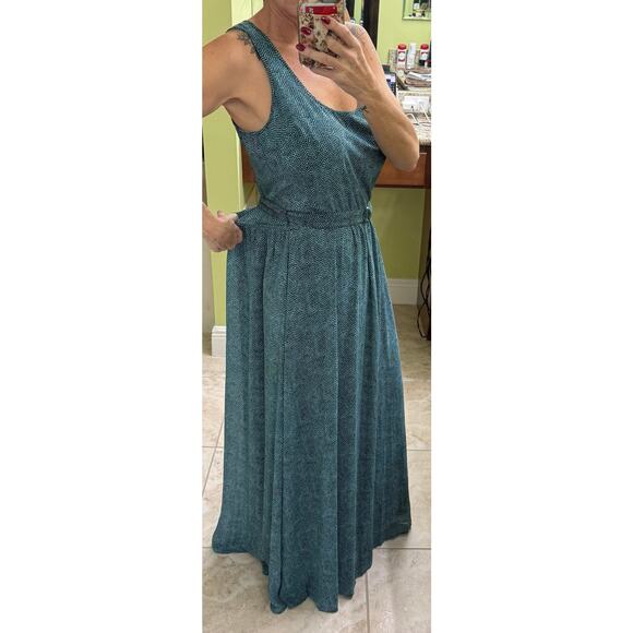 MICHAEL KORS Teal & Black Animal Print Sleeveless Pleated Maxi Dress Tie Waist M - Picture 7 of 7